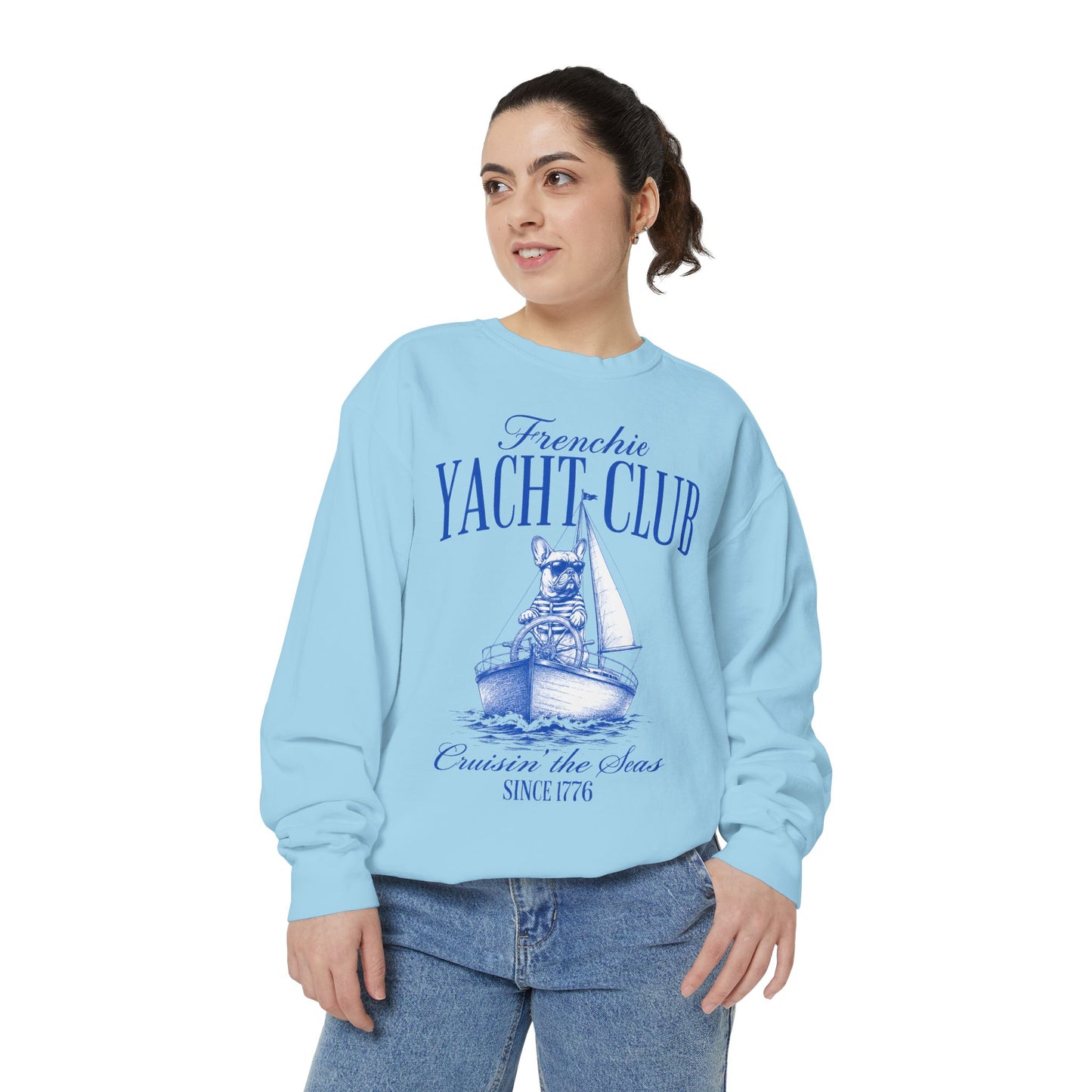Frenchie Yacht Club Sweatshirt, French Bulldog Nautical Crewneck, Coastal Dog Lover Sweatshirt, Sailing Frenchie Pullover, Beach Club French Bulldog Gift, Preppy Yacht Club Sweatshirt