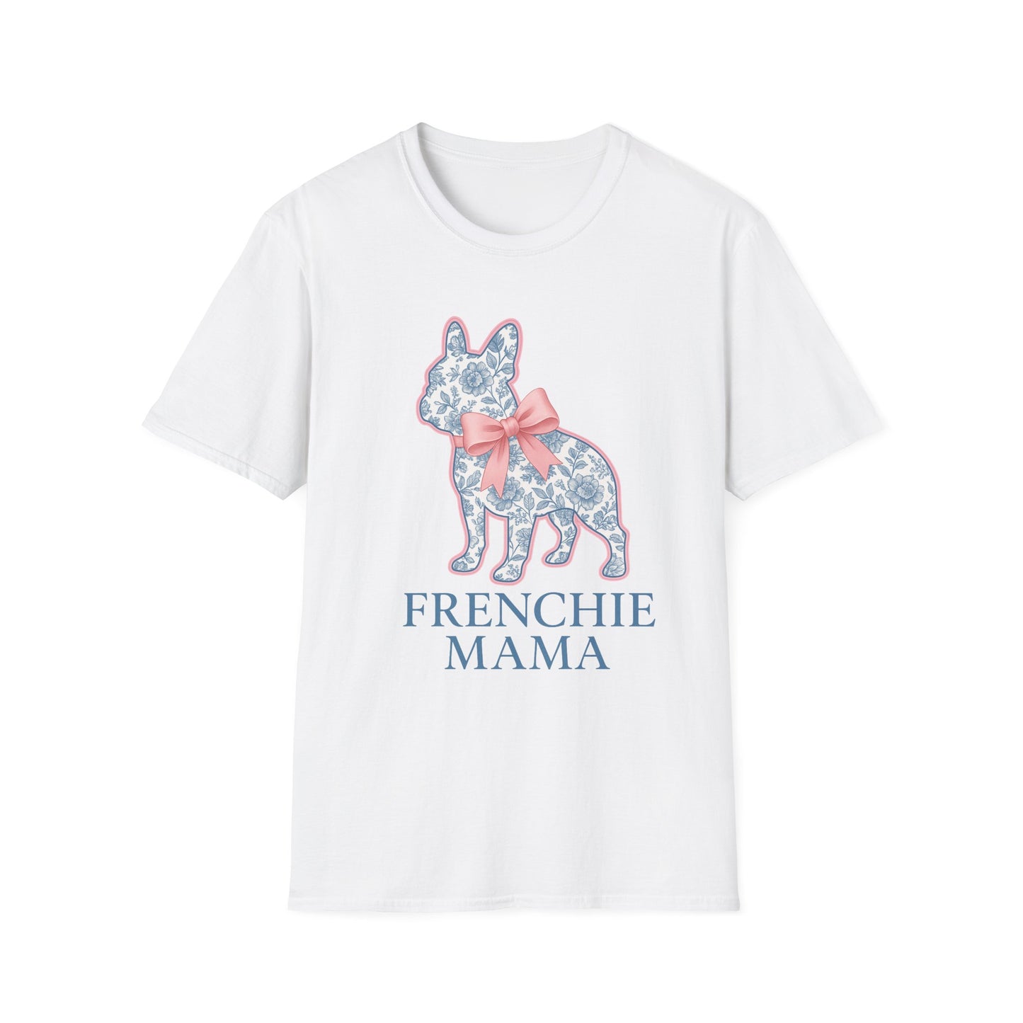 Frenchie Mama Shirt – Floral French Bulldog Silhouette Tee with Pink Bow, Dog Mom Gift, Cute Frenchie Lover T-Shirt, Pastel Dog Mom Apparel
