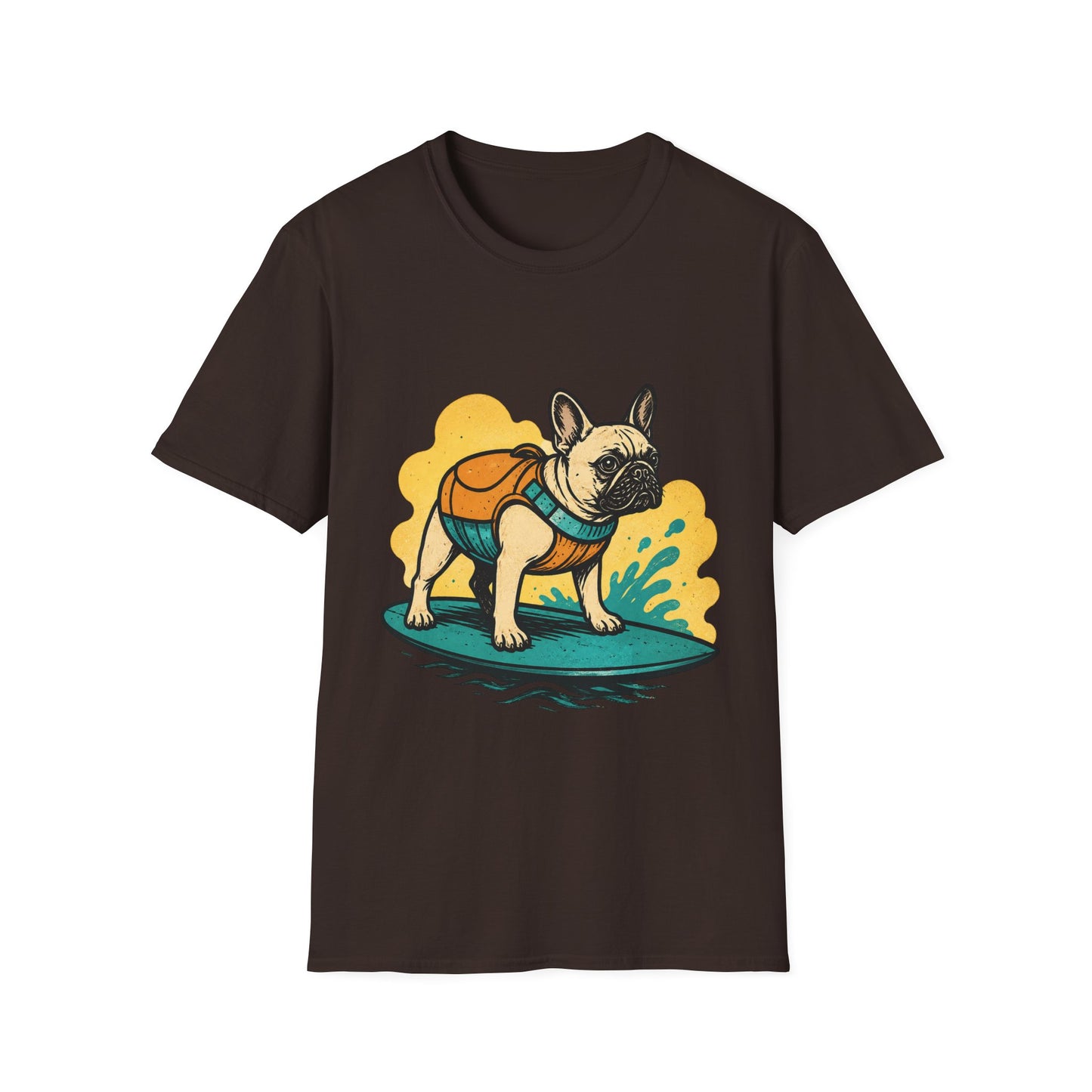 French Bulldog Surf T‑Shirt — Cute Dog with Backpack Beach Tee