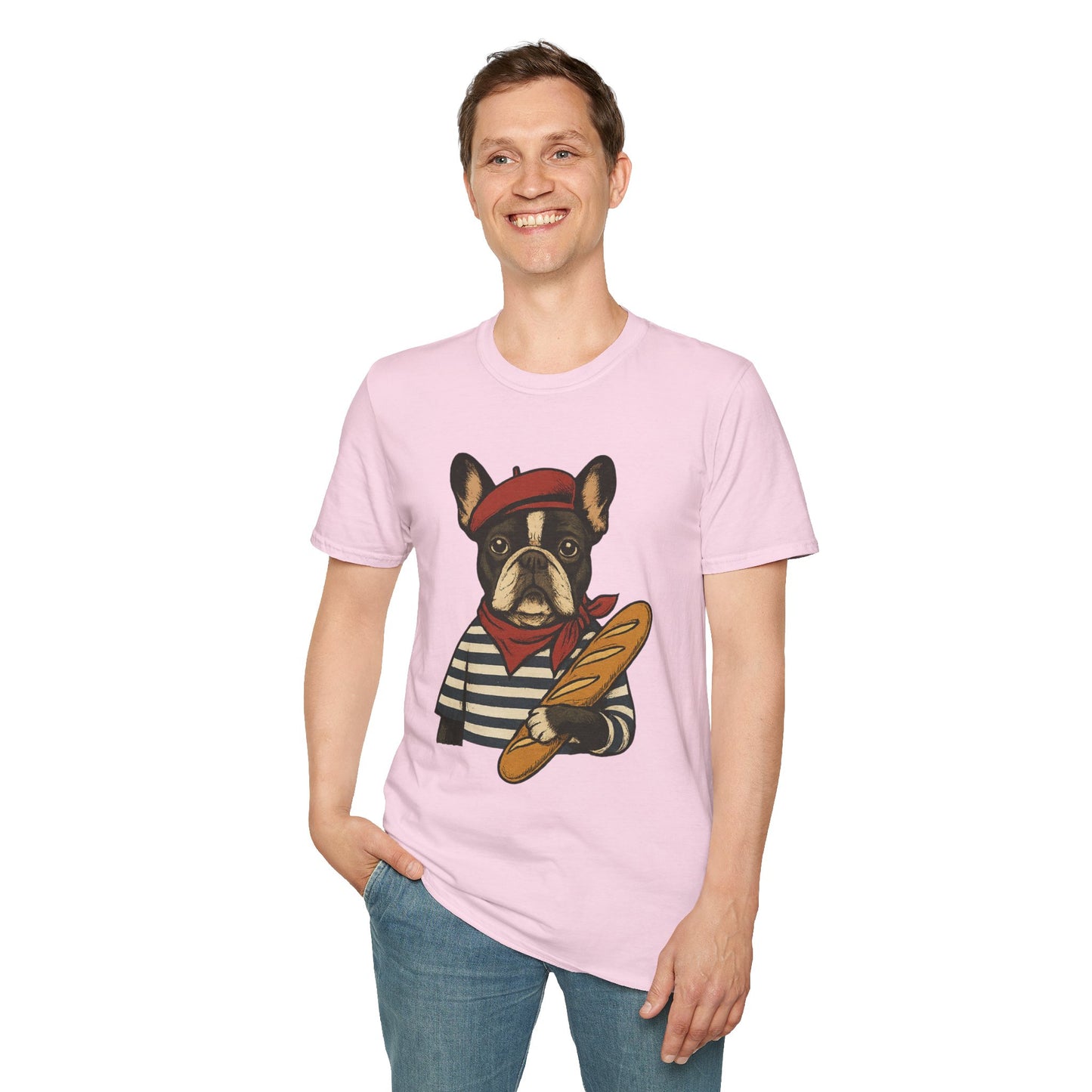 French Bulldog Parisian T-Shirt – Cute Frenchie in Beret & Stripes with Baguette – Funny Dog Lover Tee, French Style Dog Shirt, Gift for Frenchie Moms