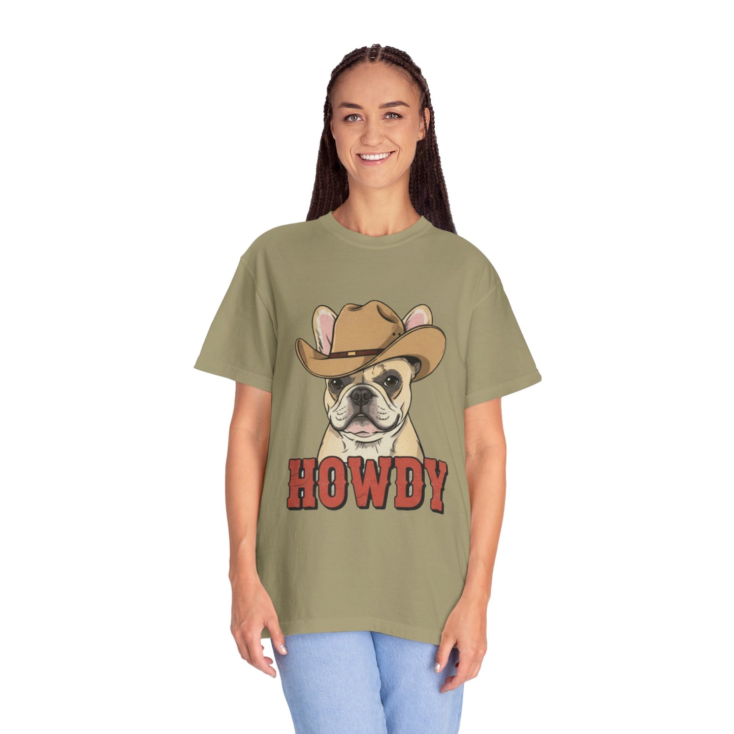 Howdy French Bulldog Cowboy T-Shirt | Western Frenchie Graphic Tee | Cute Dog Lover Country Shirt | Funny Gift for Him or Her