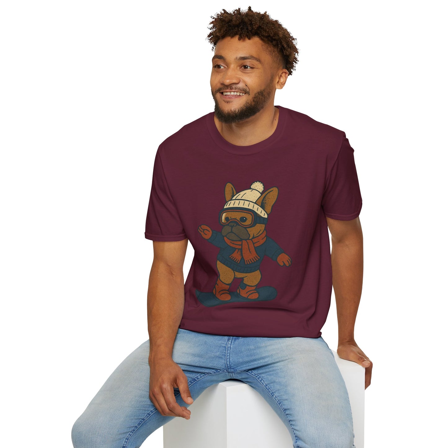 Snowboarding Frenchie T-Shirt | Cute Winter Dog Snowboard Tee | French Bulldog Snowboarder Shirt | Holiday Ski Resort Pup Graphic | Dog Lover Snow Sport Gift