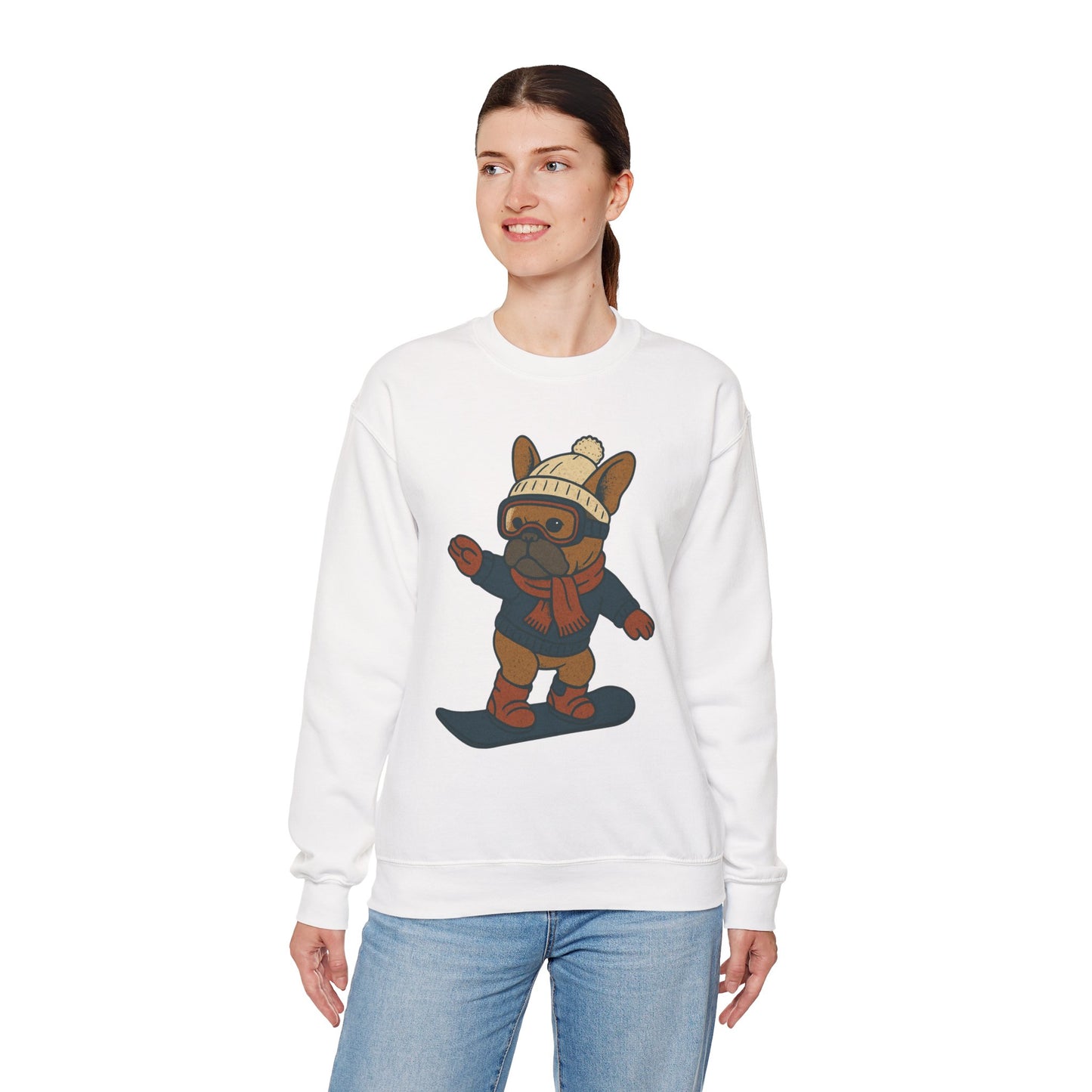 Snowboarding Frenchie Sweatshirt – Cute French Bulldog Winter Sweater, Snowboard Dog Pullover, Cozy Holiday Ski Dog Crewneck, Frenchie Lover Gift