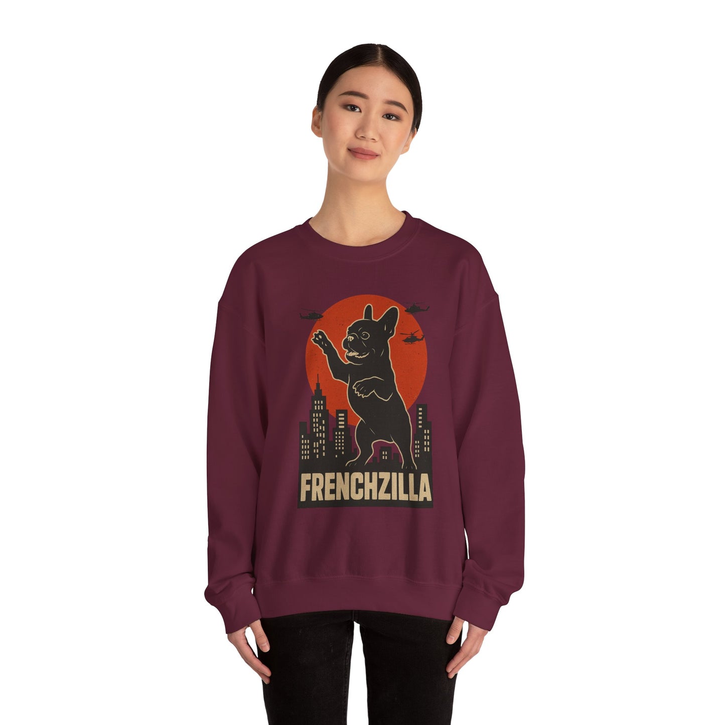 French Bulldogzilla Sweatshirt | Godzilla Inspired French Bulldog Graphic Tee | Retro Japanese Movie Style Dog Lover Shirt | Funny Frenchie Gift