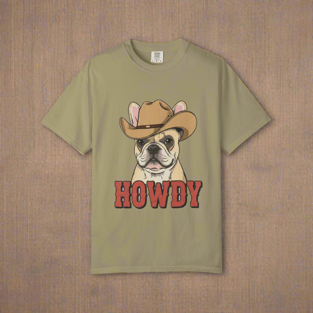 Howdy French Bulldog Cowboy T-Shirt | Western Frenchie Graphic Tee | Cute Dog Lover Country Shirt | Funny Gift for Him or Her