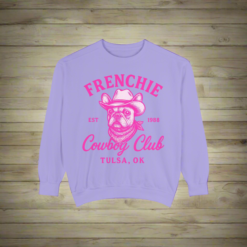 Frenchie Cowboy Club Sweatshirt | Western French Bulldog Pullover | Retro Country Dog Lover Crewneck | Tulsa Oklahoma Cowboy Graphic Sweater