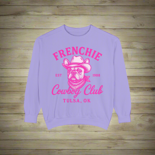 Frenchie Cowboy Club Sweatshirt | Western French Bulldog Pullover | Retro Country Dog Lover Crewneck | Tulsa Oklahoma Cowboy Graphic Sweater