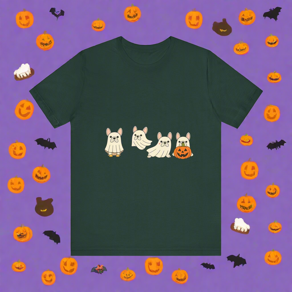 Frenchie Ghost Halloween T-Shirt | Cute French Bulldog Graphic Tee | Funny Dog Lover Spooky Season Shirt | Pumpkin Ghost Frenchie Tee