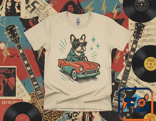 Rockabilly Frenchie T-Shirt | Retro French Bulldog Driving Tee | Vintage Car Dog Lover Shirt | Cool 50s Style Frenchie Graphic Tee