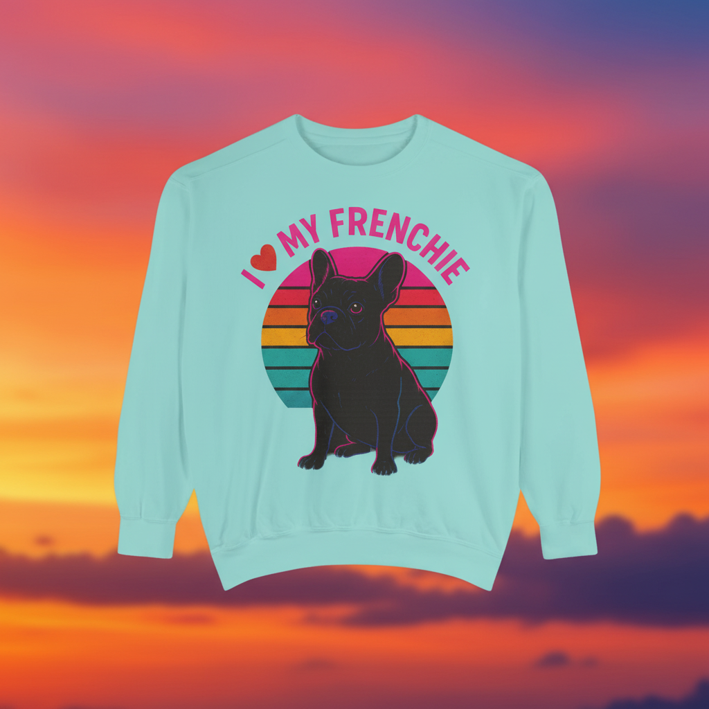 I Love My Frenchie Retro Sunset Pullover | Black French Bulldog Sweatshirt | Vintage Dog Lover Gift | Unisex Frenchie Sweater