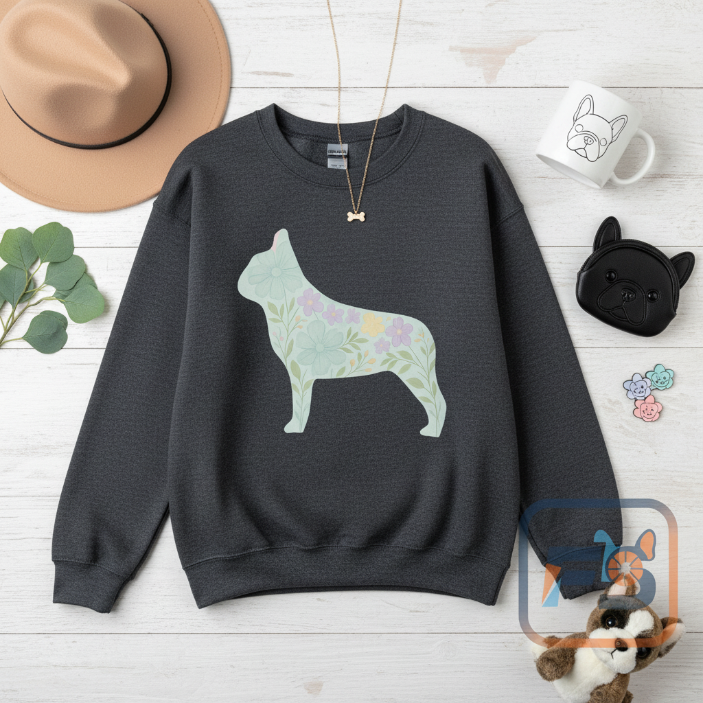 Floral Frenchie Sweatshirt | Pastel French Bulldog Pullover | Feminine Dog Lover Crewneck | Soft Pink Flower Silhouette Sweater